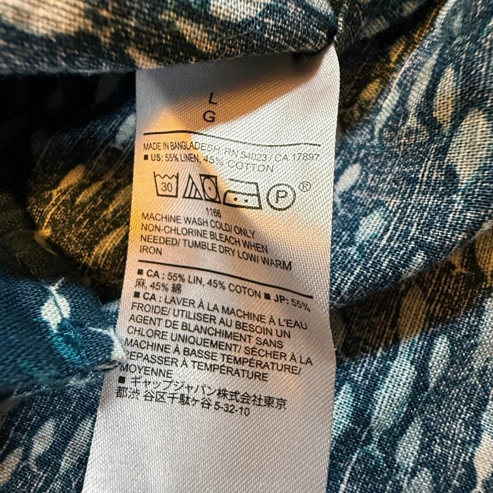 Banana Republic Mens L Slim Fit Linen Blend Fish Print Short Sleeve Shirt Blue
